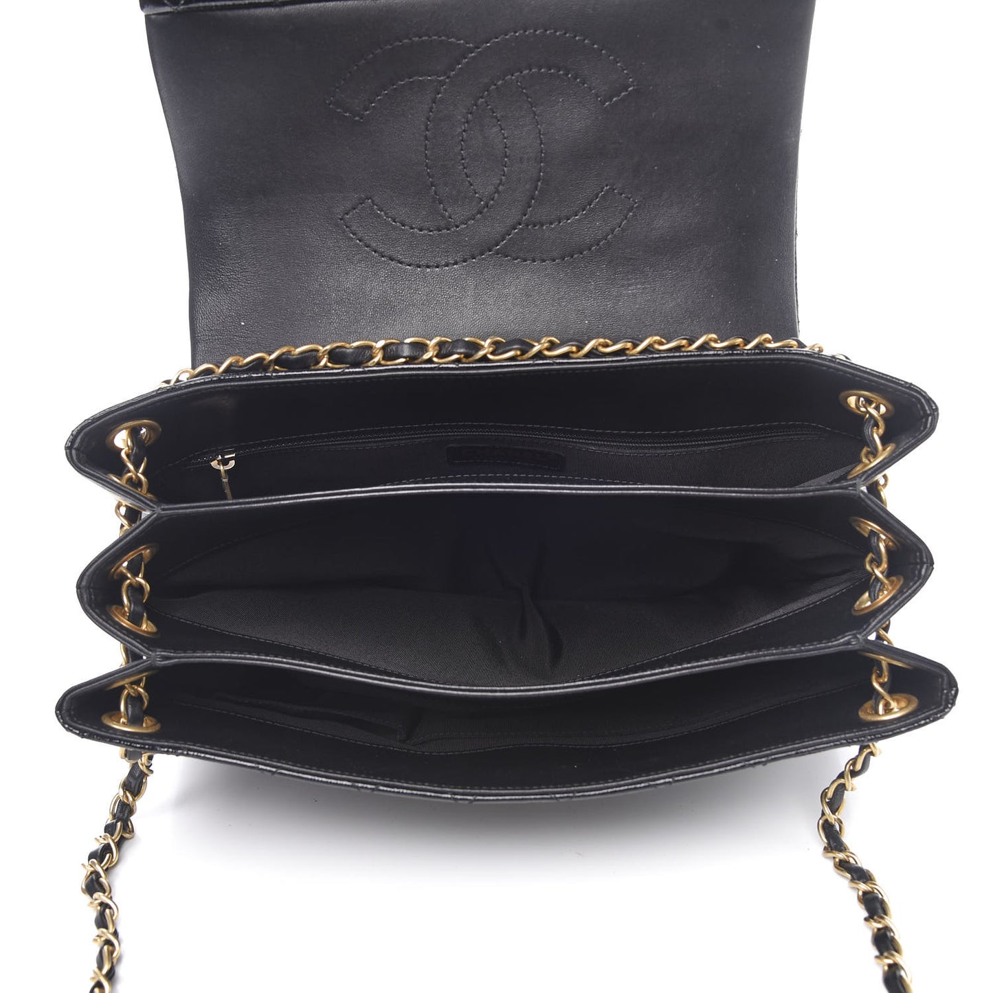 Patent Goatskin Quilted 3 Pocket Accordion Flap Black