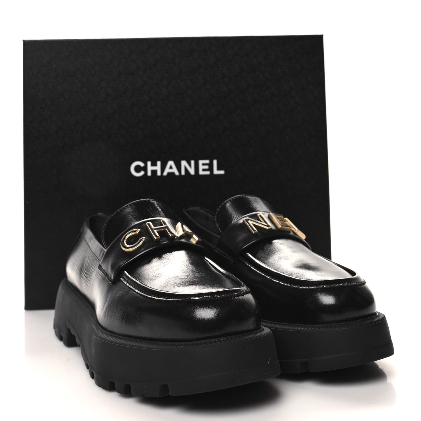 Shiny Calfskin Logo Loafers 40 Black