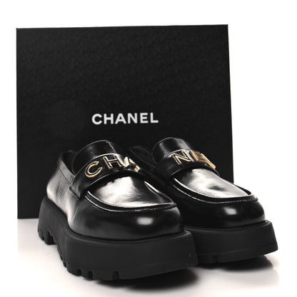 Chanel Shiny Calfskin Logo Loafers 40 Black 9 of 9