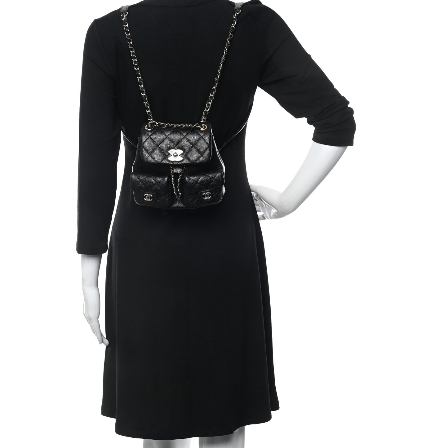 Shiny Caviar Quilted Small Duma Pockets Drawstring Backpack Black