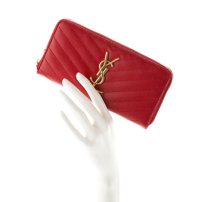 Saint Laurent Grain De Poudre Matelasse Chevron Monogram Zip Around Wallet Red 2 of 6