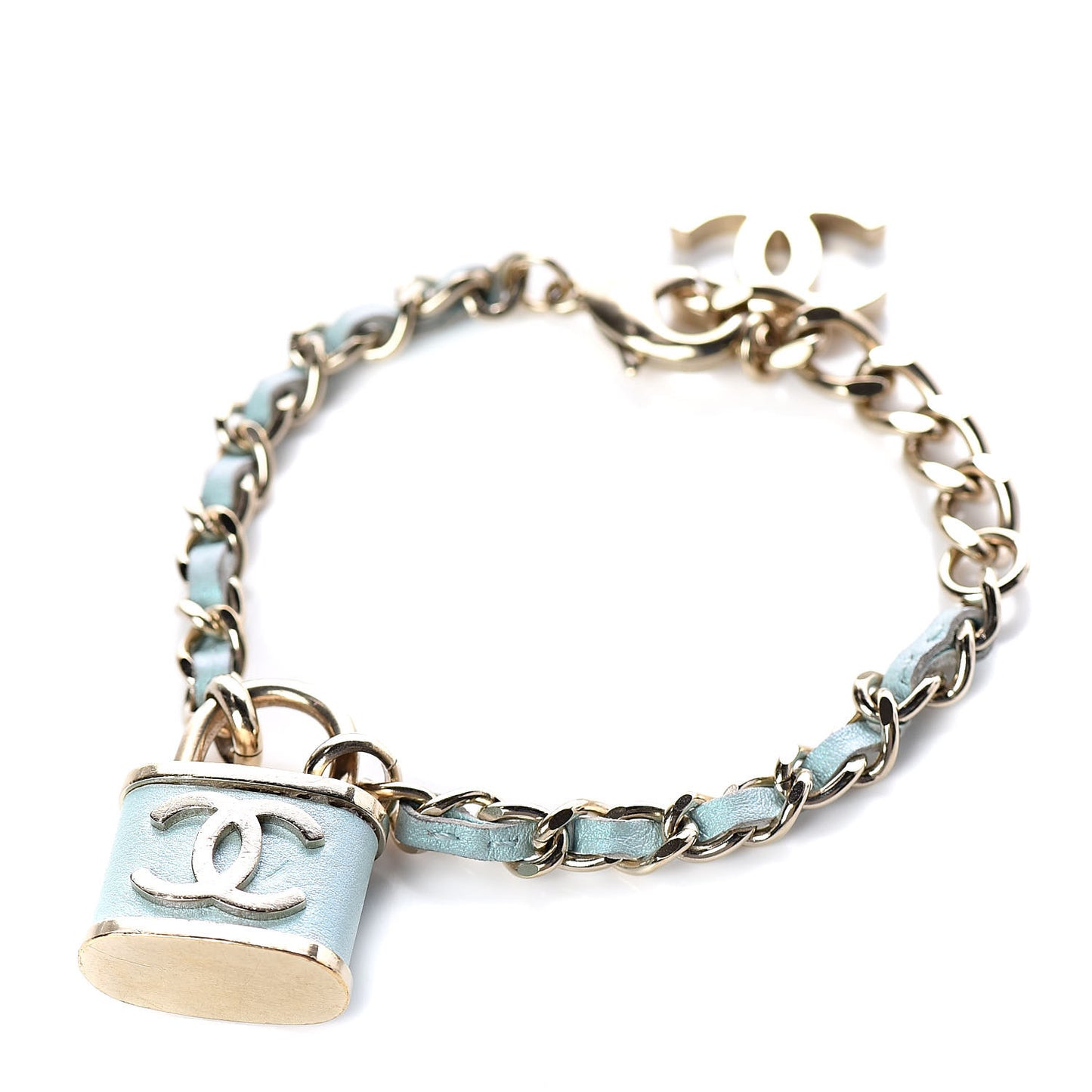 Metal Iridescent Lambskin Lock Bracelet Gold Light Blue