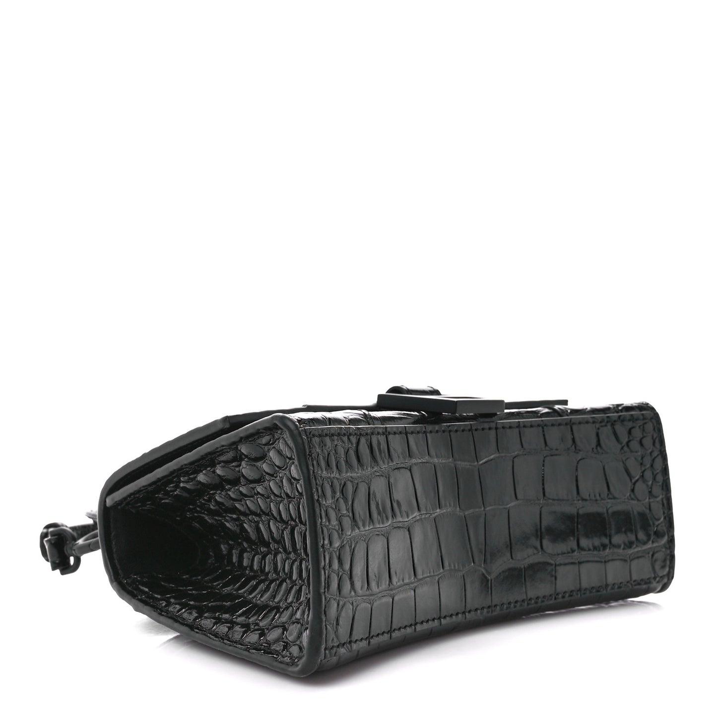 Shiny Calfskin Monochrome Crocodile Embossed Hourglass Top Handle Bag XS Black