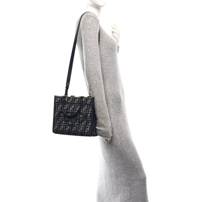 Fendi Fabric Jacquard FF 1974 Logo Small Fendi Sunshine Shopper Tote Blue Grigio 2 of 10