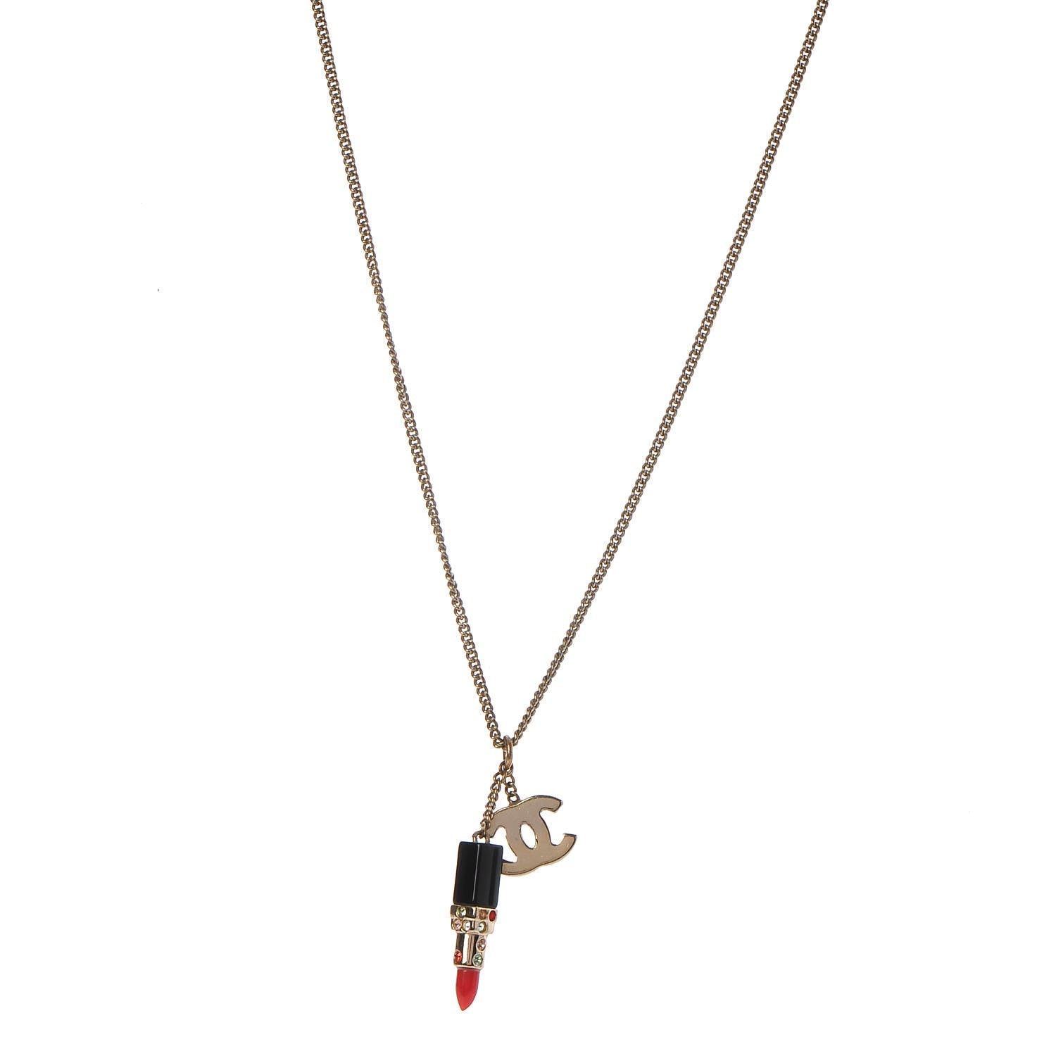 Chanel Resin Crystal Lipstick CC Necklace Gold 1 of 7