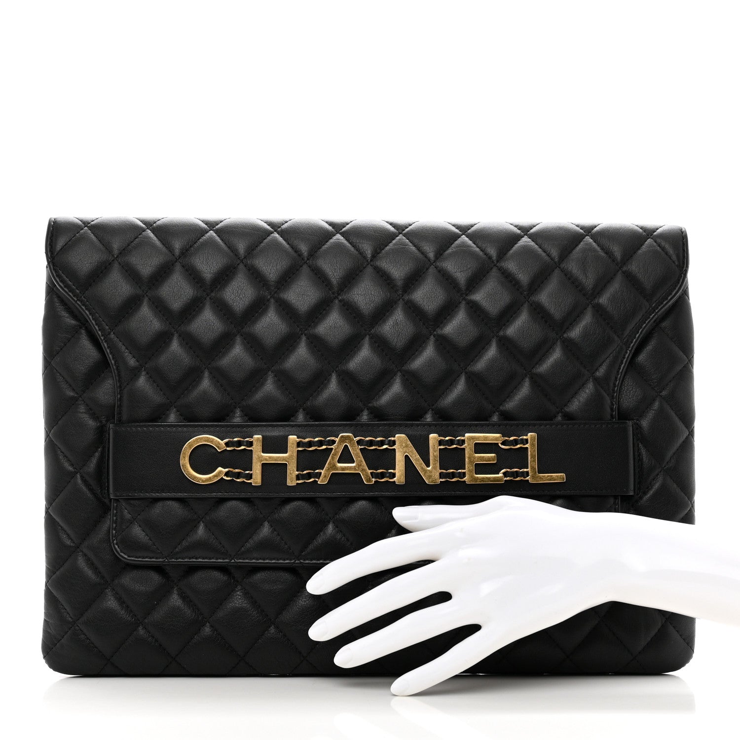 Chanel Calfskin Quilted Front Logo Enchained Clutch Black 2 of 10
