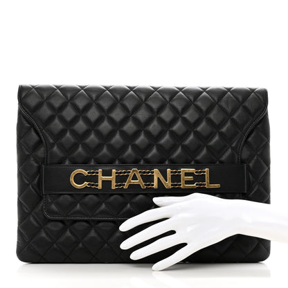 Chanel Calfskin Quilted Front Logo Enchained Clutch Black 2 of 10