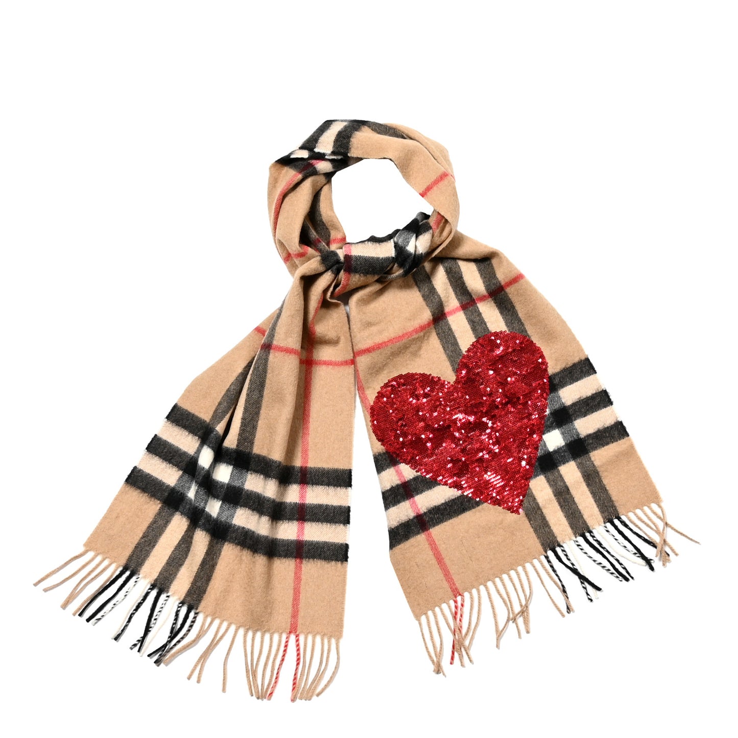 Cashmere Sequin Check Heart Fringe Scarf Camel Red