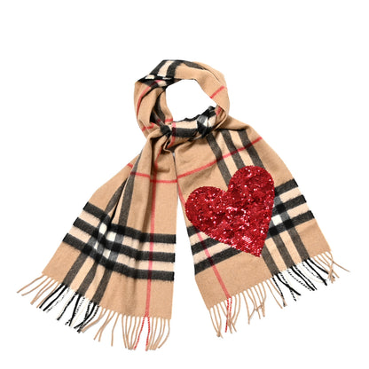 Burberry Cashmere Sequin Check Heart Fringe Scarf Camel Red 1 of 4