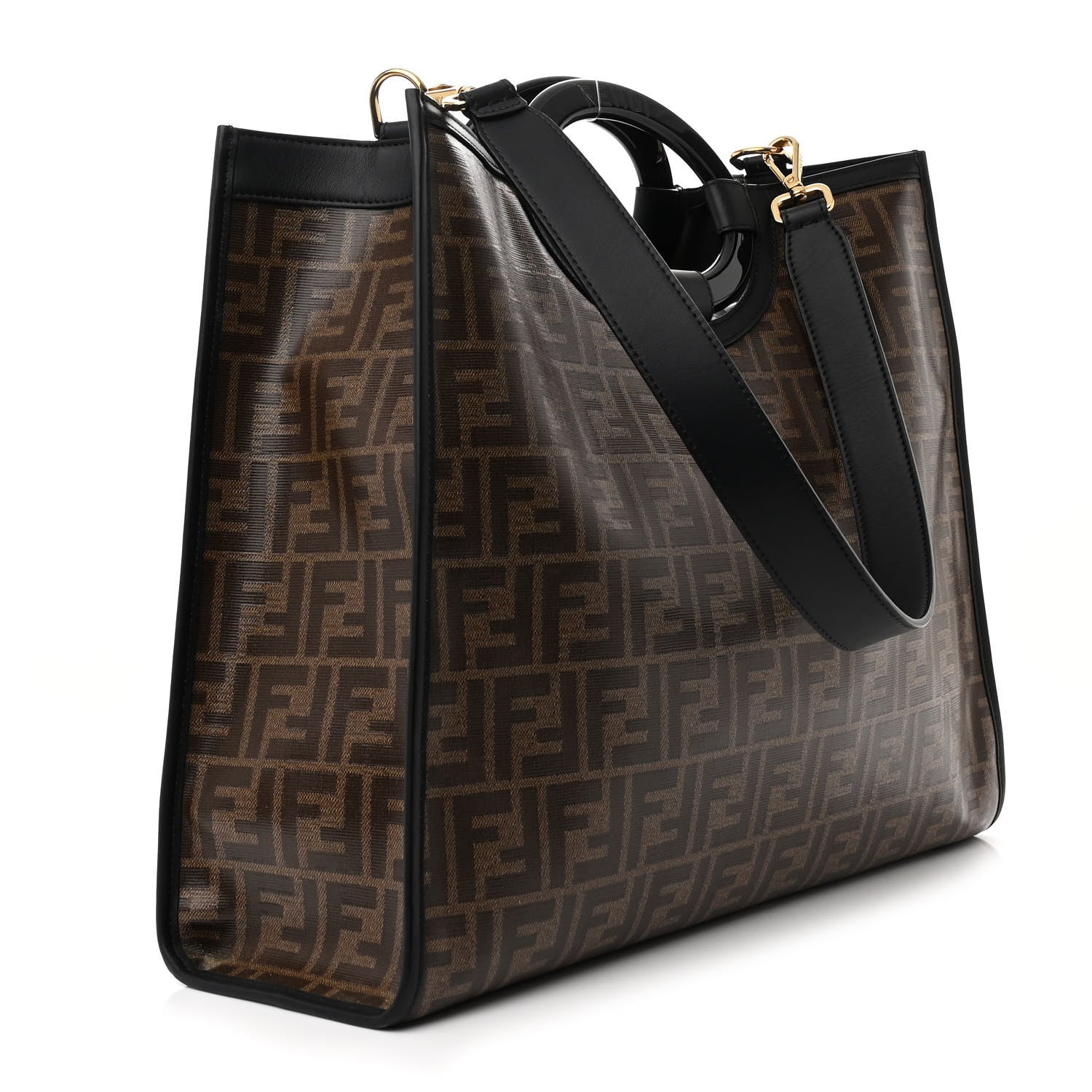 Fendi Glazed Fabric Vitello Century Plexiglass FF 1974 Stamp Patch Medium Runaway Shopper Tote Mogano Panna Black 3 of 10
