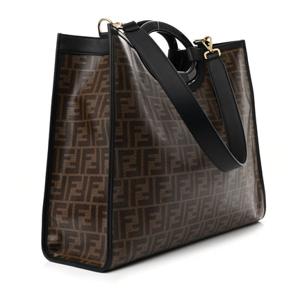 Fendi Glazed Fabric Vitello Century Plexiglass FF 1974 Stamp Patch Medium Runaway Shopper Tote Mogano Panna Black 3 of 10