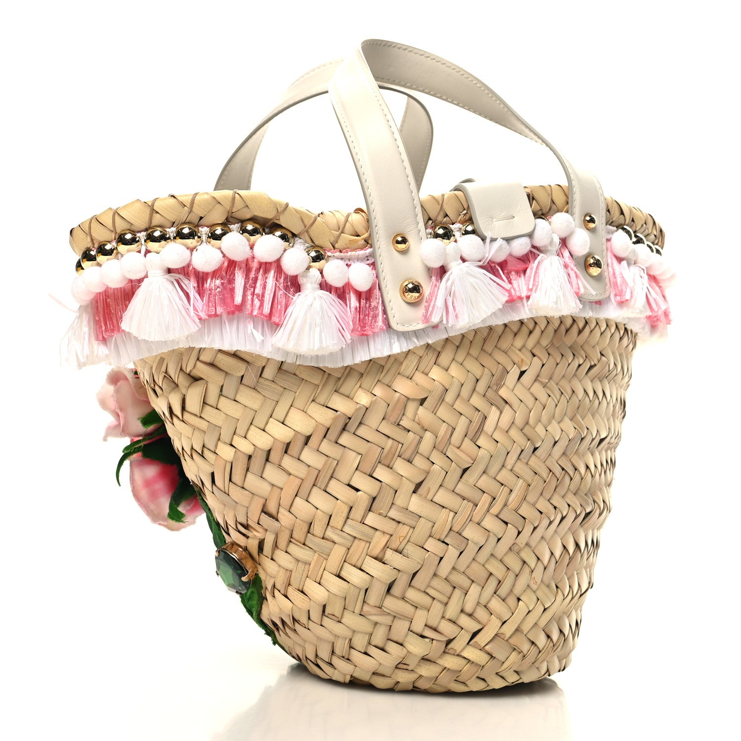 Dolce & Gabbana Woven Raffia Calfskin Rose Embellished Mini Kendra Tote Pink Multicolor 3 of 9