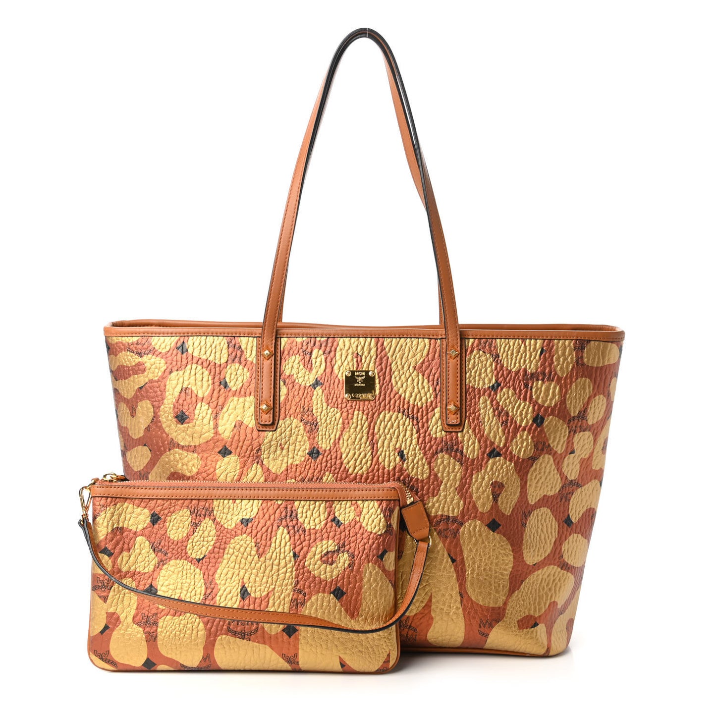 Visetos Metallic Leopard Print Medium Anya Shopper Tote Cognac