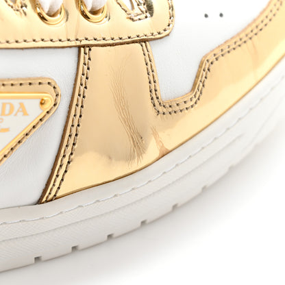 Prada Vitello Metallic Calfskin Metal Triangle Logo Womens Downtown Low Top 30mm Sneakers 41 White Platino 11 of 12
