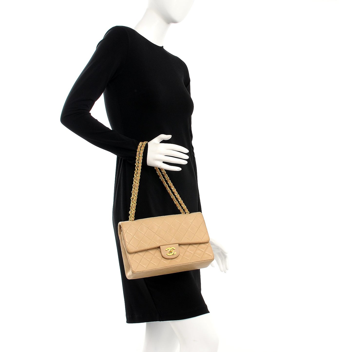 Lambskin Quilted Medium Double Flap Beige