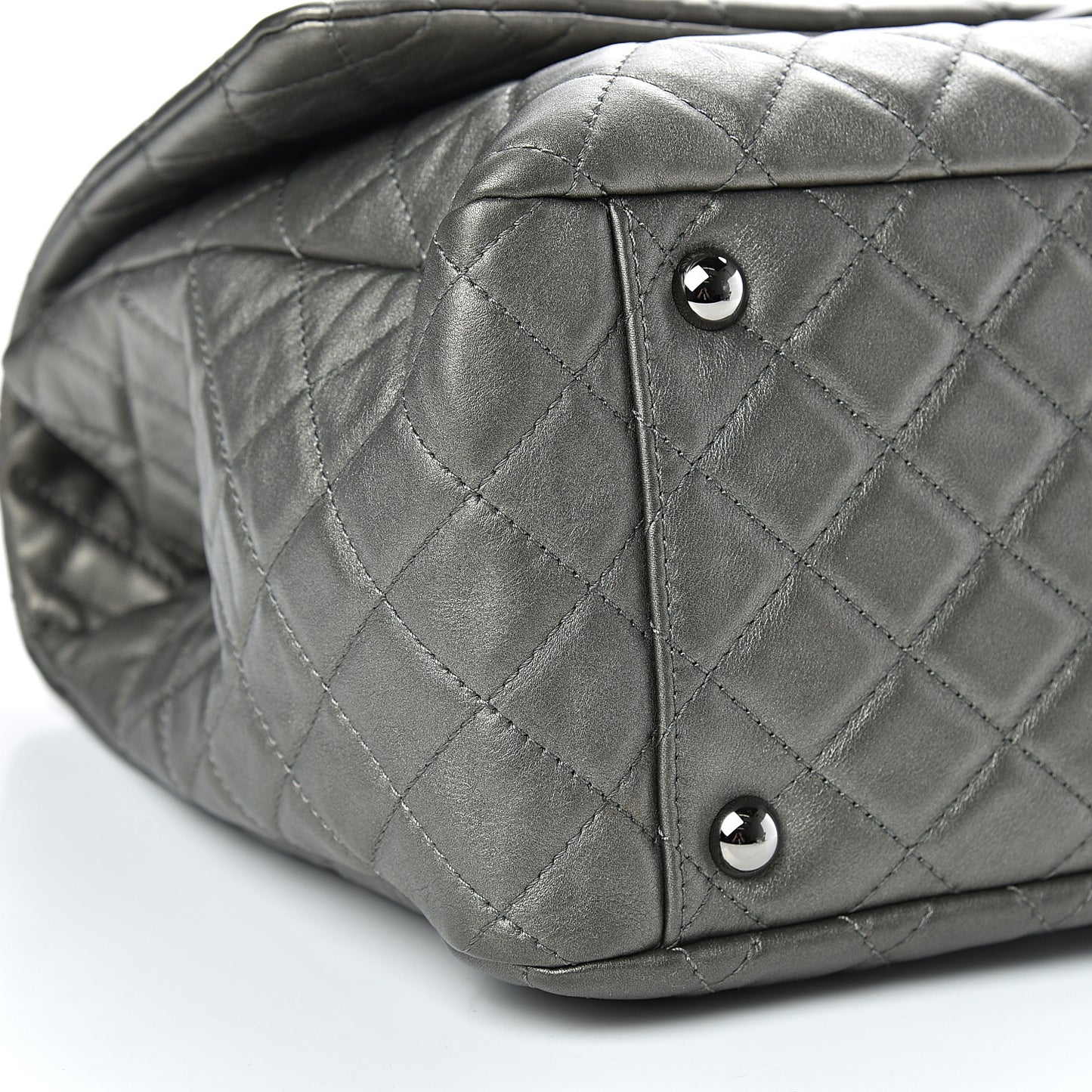 Metallic Calfskin Quilted XXL Travel Flap Bag Dark Silver