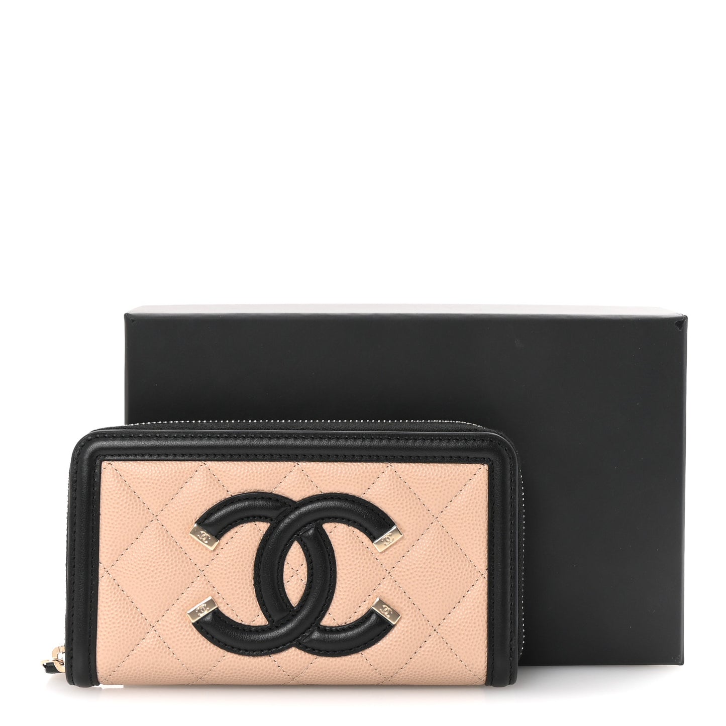 Caviar Quilted Filigree Zip Around Wallet Beige Black
