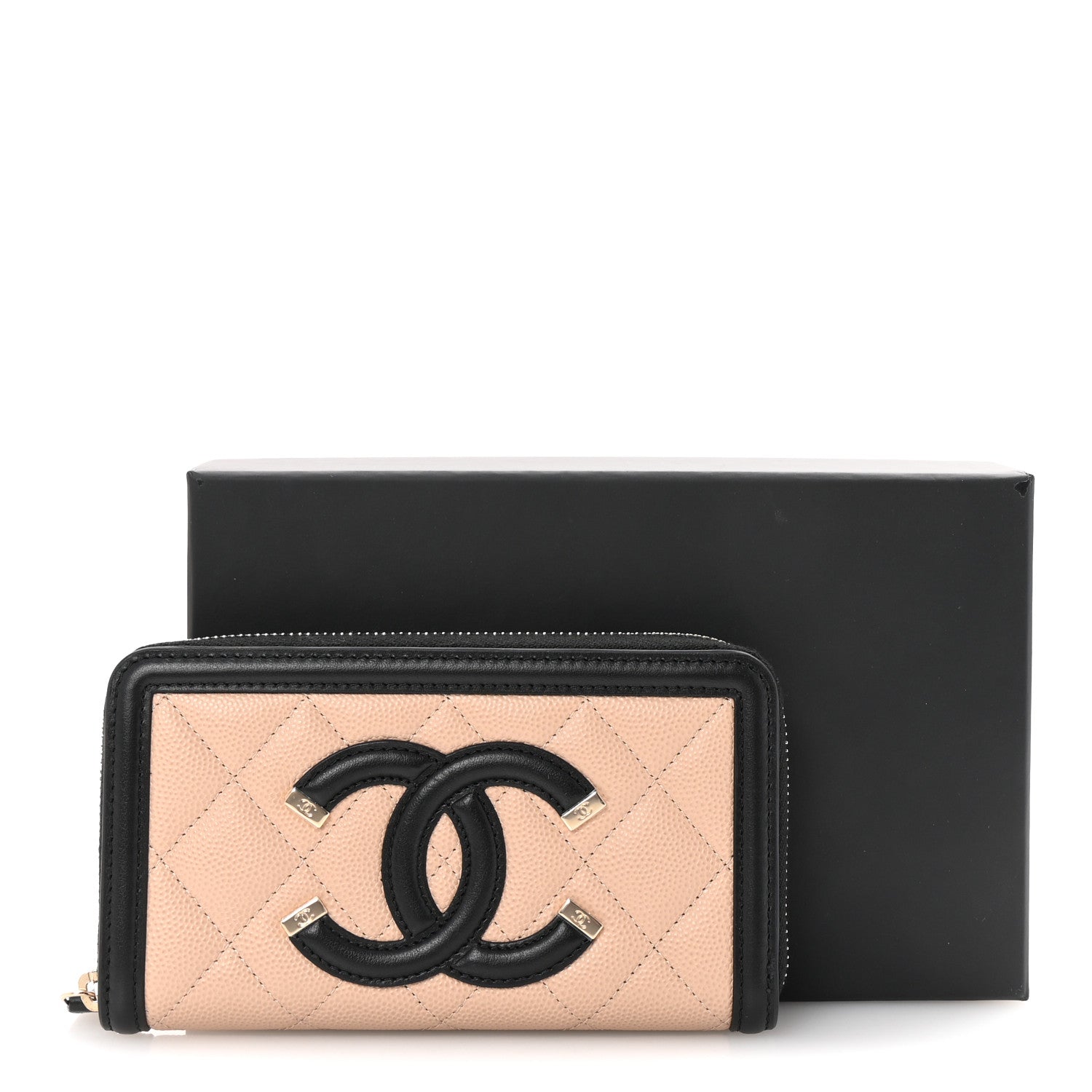Chanel Caviar Quilted Filigree Zip Around Wallet Beige Black 9 of 9