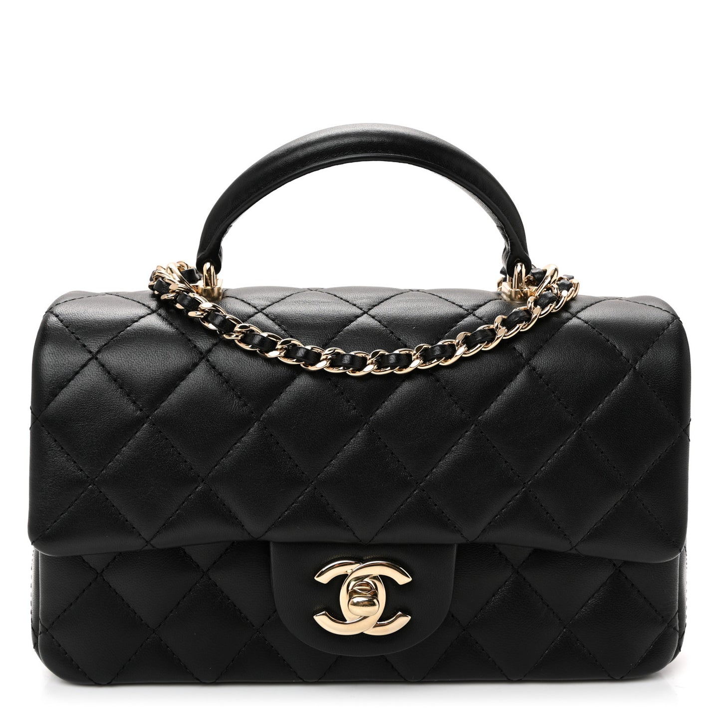 Lambskin Quilted Mini Top Handle Rectangular Flap Black