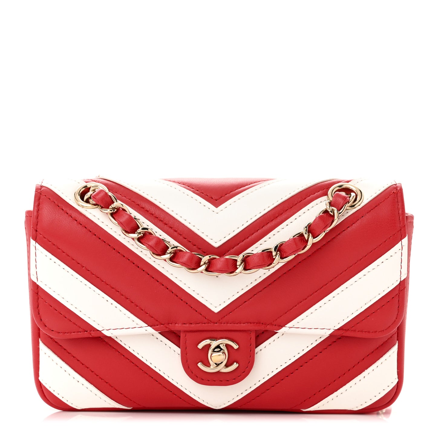 Lambskin Chevron Stitched Flap White Red