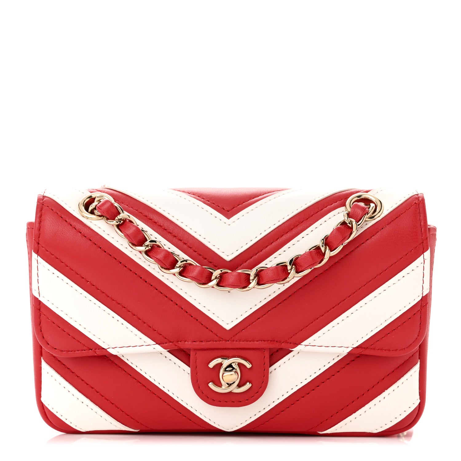 Chanel Lambskin Chevron Stitched Flap White Red 1 of 10