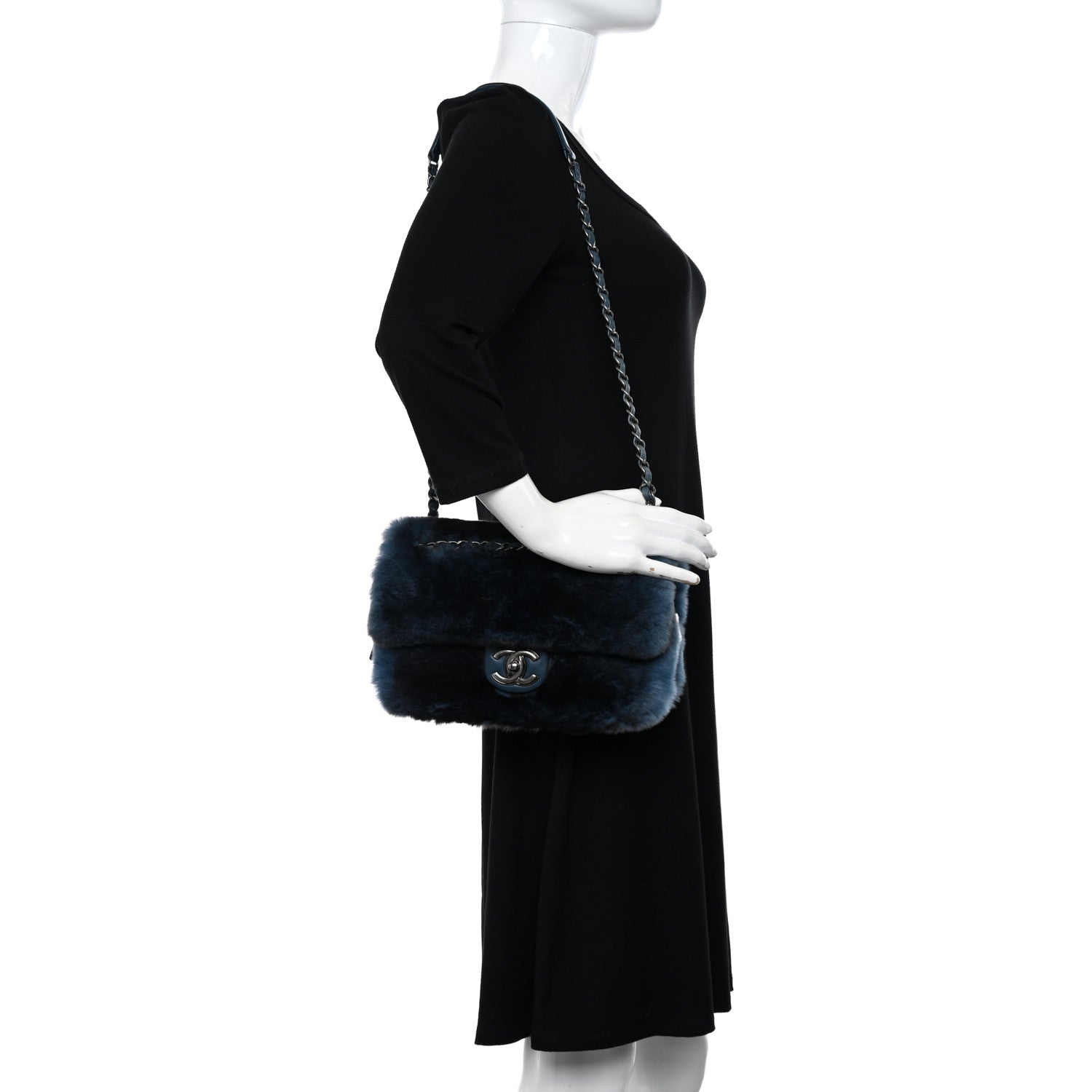 Chanel Rabbit Fur Medium Single Flap Navy Blue 2 of 12