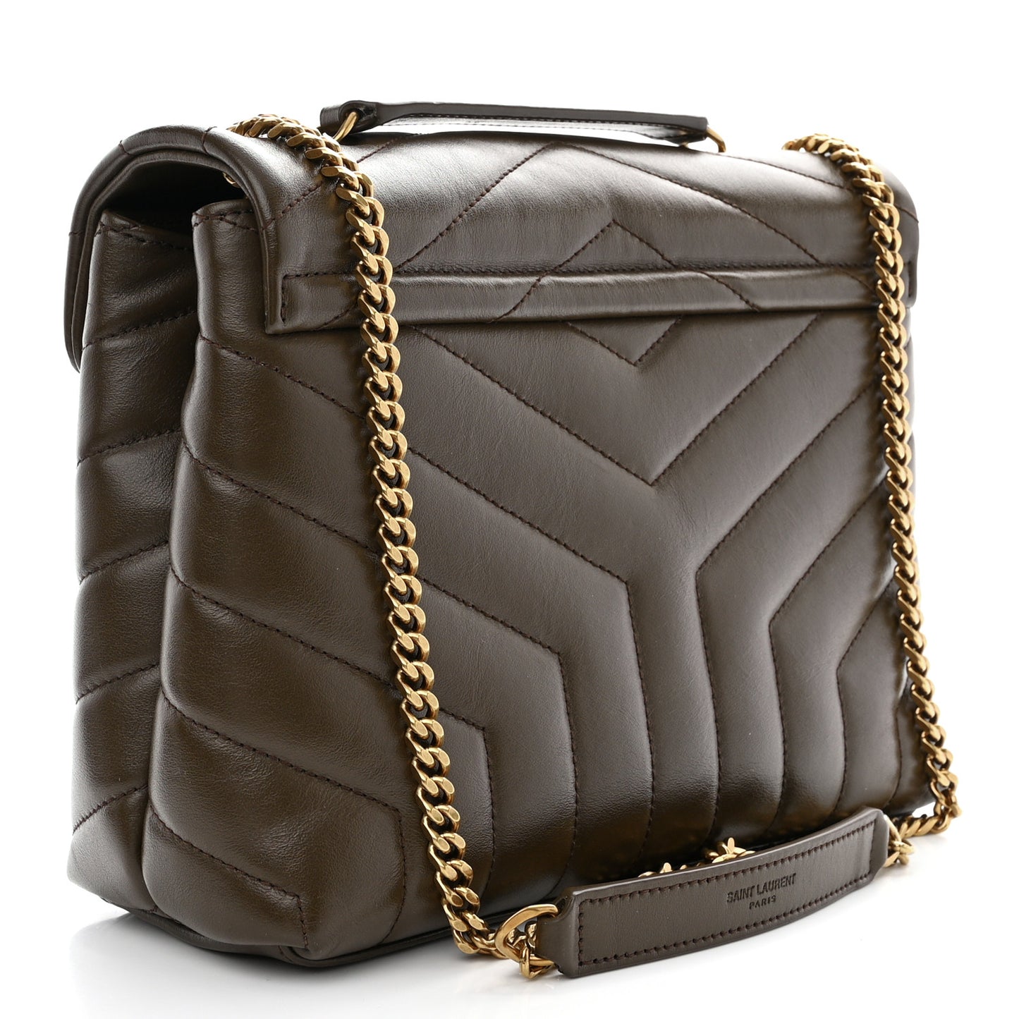SAINT LAURENT Calfskin Y Quilted Monogram Small Loulou Chain Satchel Soil Brown