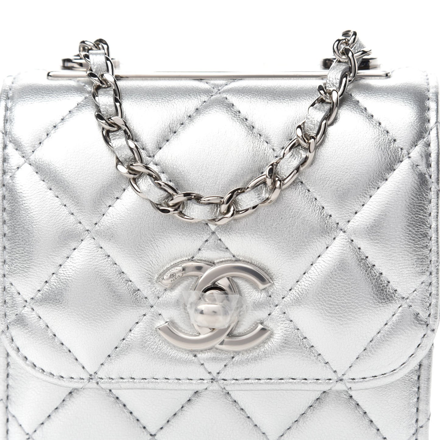 Metallic Lambskin Quilted Mini Trendy CC Chain Wallet Silver