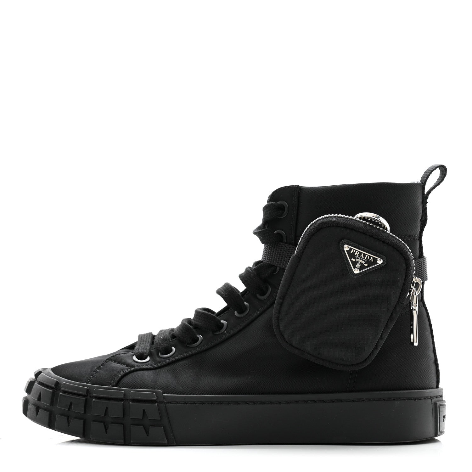 Prada Re-Nylon Gabardine Triangle Womens Wheel Pouch Pocket High Top Sneakers 39 Black 1 of 10