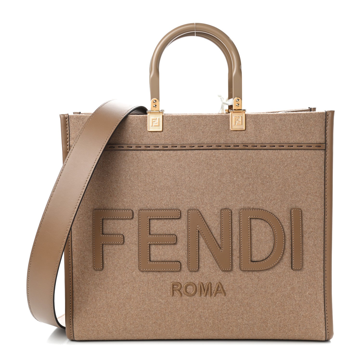 Fendi Flannel Vitello King Wool Plexiglass FF Logo Embroidered Medium Fendi Sunshine Shopper Tote Brown 1 of 9