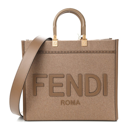Fendi Flannel Vitello King Wool Plexiglass FF Logo Embroidered Medium Fendi Sunshine Shopper Tote Brown 1 of 9