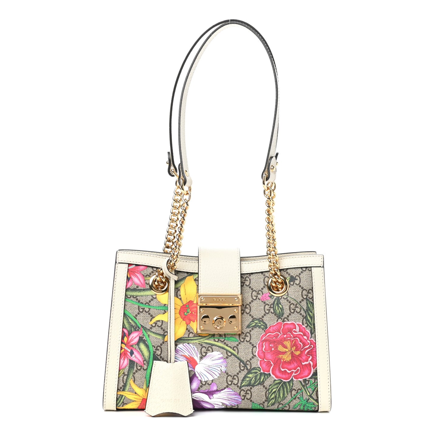 GG Supreme Monogram Flora Textured Calfskin Small Padlock Tote Beige Ebony Multicolor Mystic White
