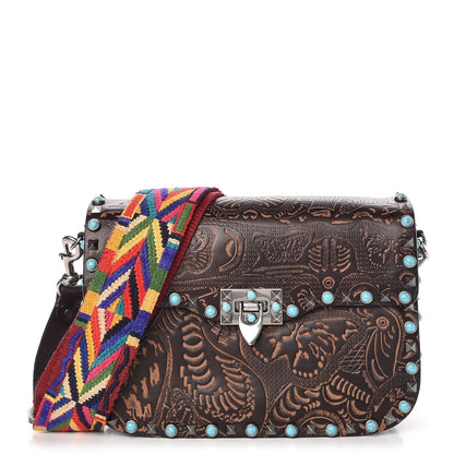 Valentino Garavani Calfskin Embossed Medium Guitar Strap Rockstud Rolling Flap Saddle Bag Brown 1 of 8