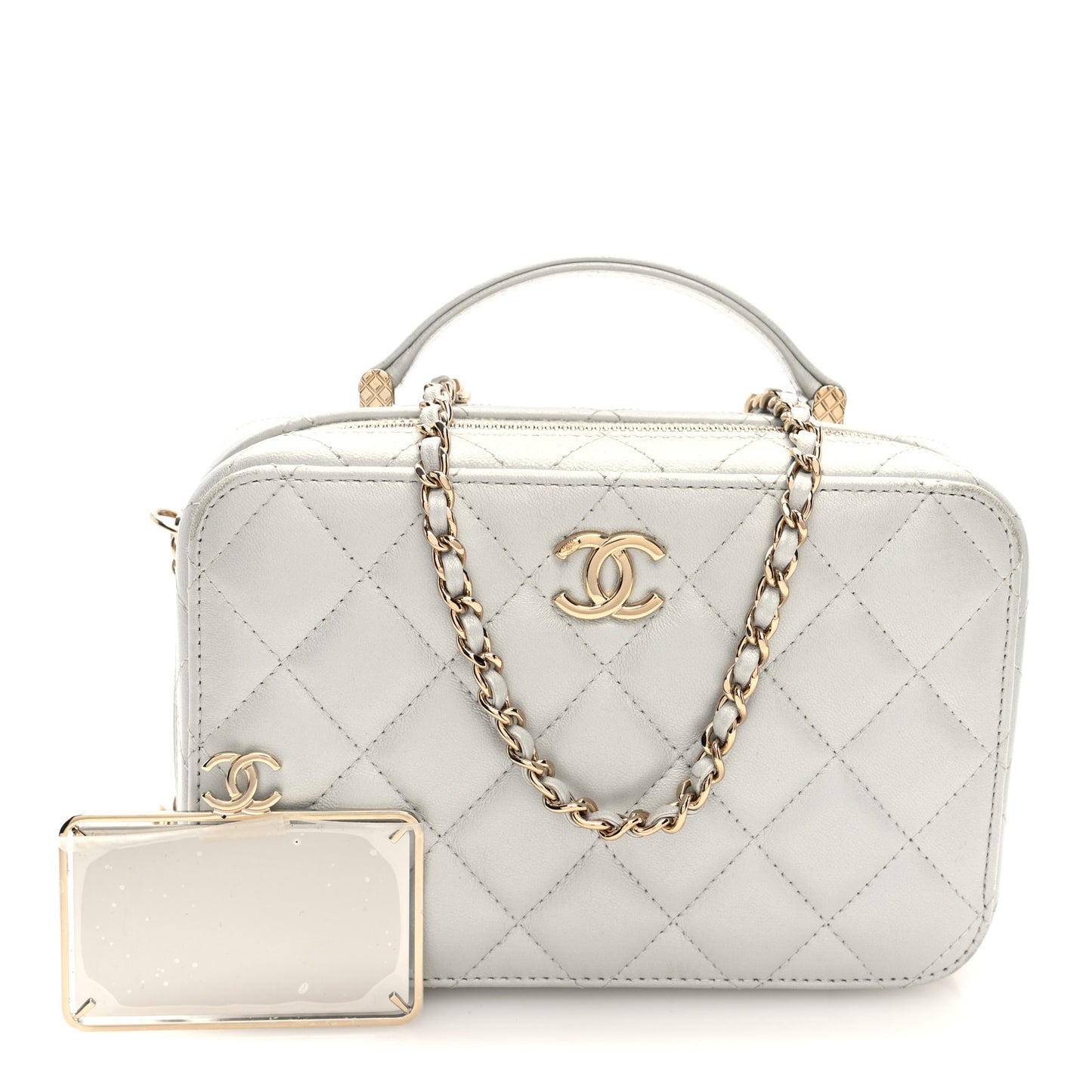 Metallic Lambskin Quilted Top Handle Vanity Case Silver