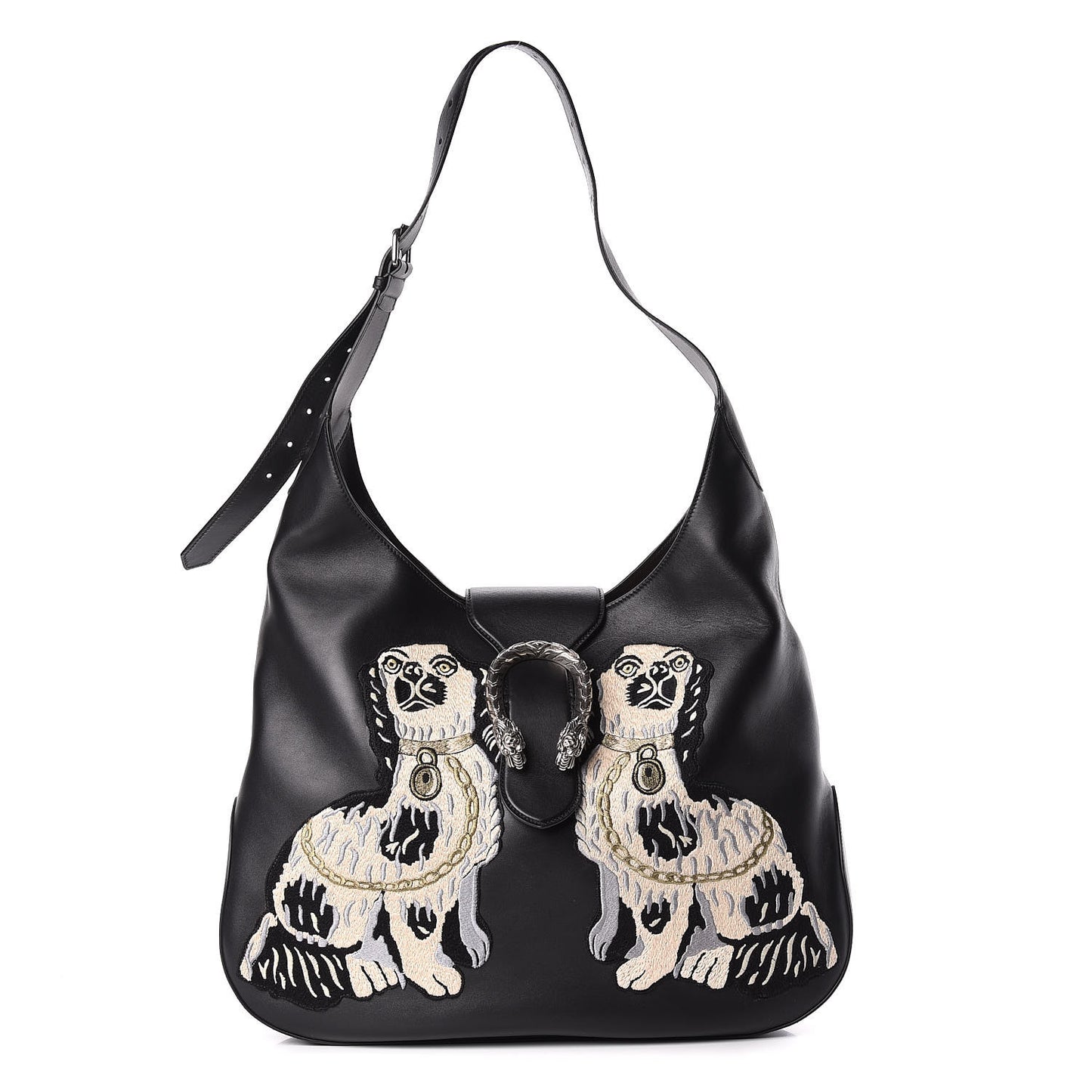 Calfskin Dog Embroidered Extra Large Dionysus Hobo Black