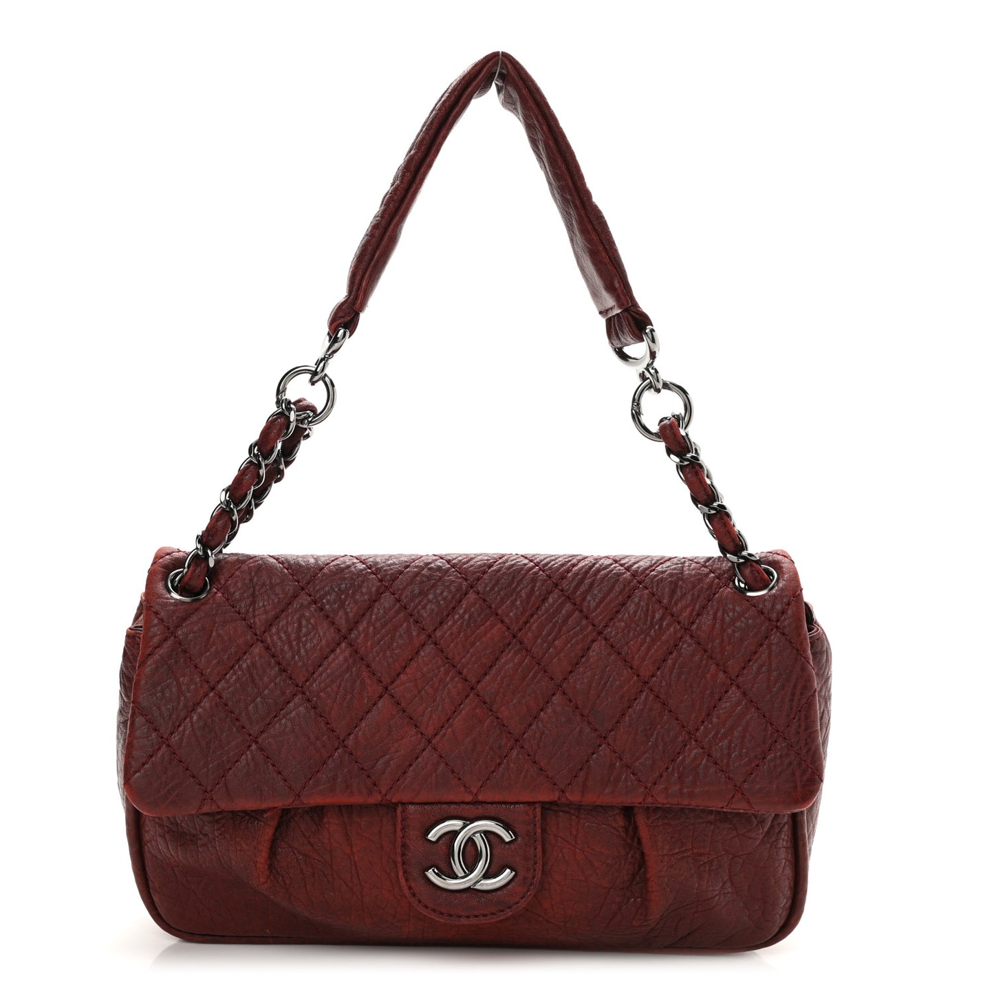 Distressed Lambskin Lady Braid Flap Burgundy