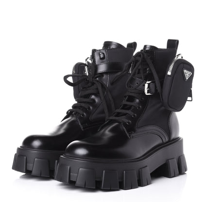 Prada Spazzolato Rois Nylon Metal Triangle Logo Monolith Pouch Pocket 55mm Boots 39 Black 3 of 11