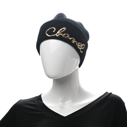 Chanel Cashmere Sequin Logo Beanie Hat Black Gold 2 of 5