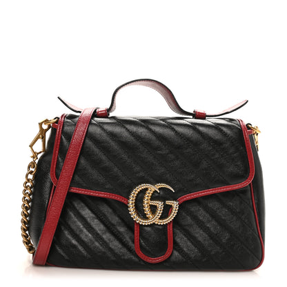 Gucci Vintage Effect Calfskin Matelasse Diagonal Small Torchon GG Marmont Top Handle Shoulder Bag Black Romantic Cherry 1 of 10