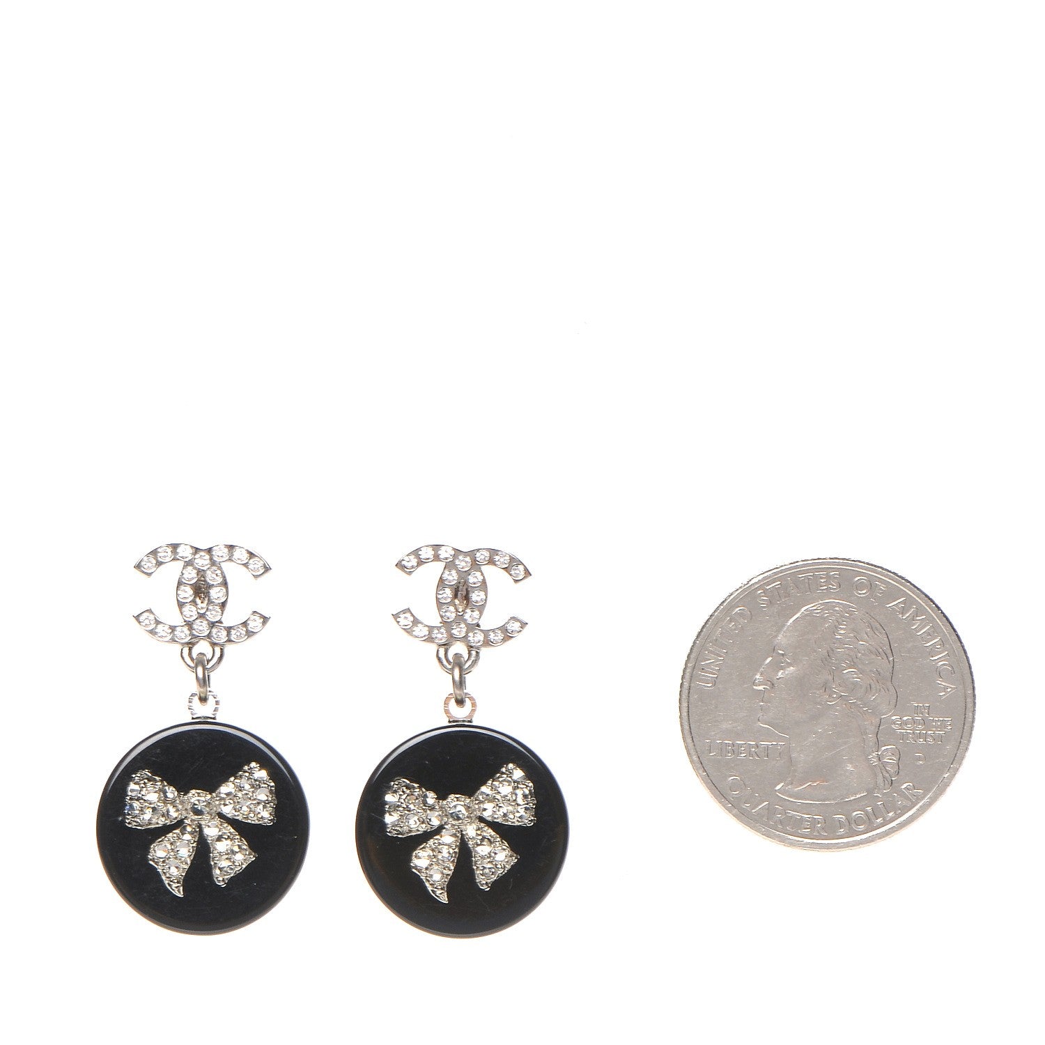 Chanel Resin Crystal CC Bow Drop Earrings Black Silver 2 of 5