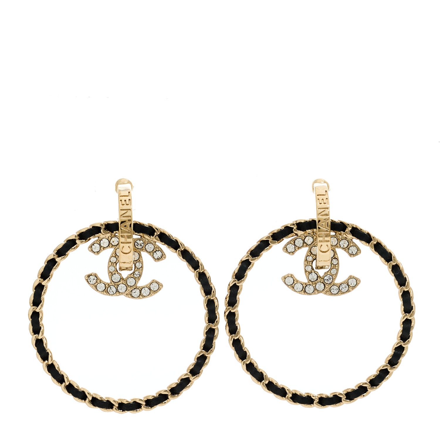 Chanel Metal Crystal Lambskin CC Chain Hoop Earrings Gold Black 1 of 5