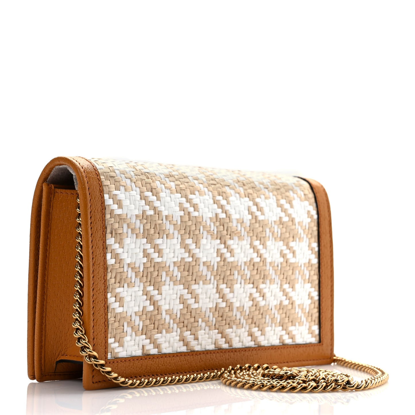 Polished Raffia Textured Dollar Calfskin Houndstooth Mini Diana Chain Bag Natural Sun Oil Mystic White