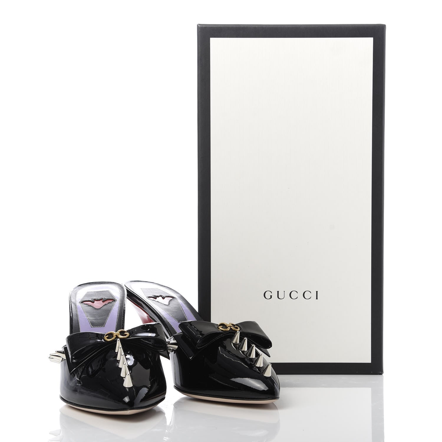 Gucci Patent GG Bow Sadie Spike Mid Heel Mules 38.5 Black 10 of 10