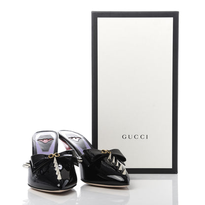 Gucci Patent GG Bow Sadie Spike Mid Heel Mules 38.5 Black 10 of 10