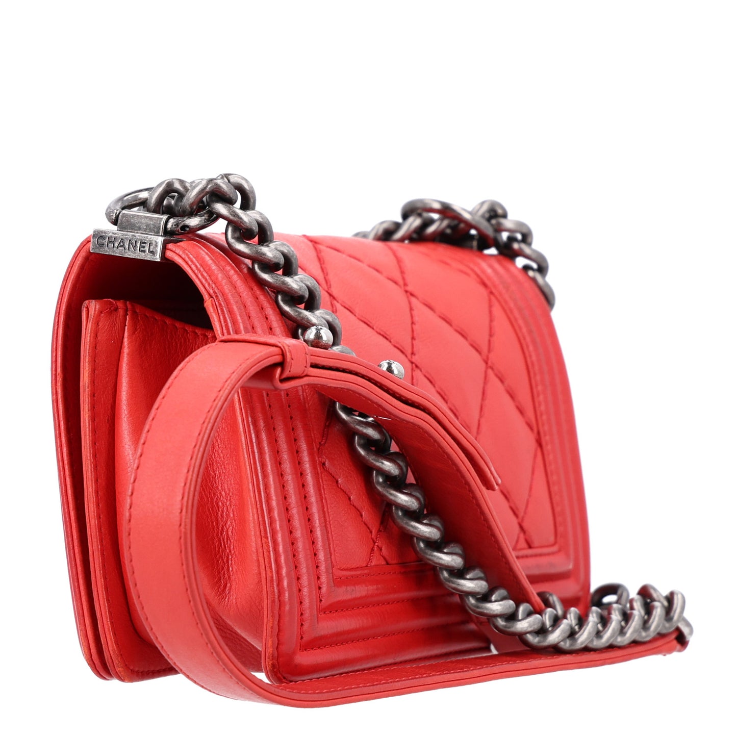 Calfskin Double Stitch Small Boy Flap Red