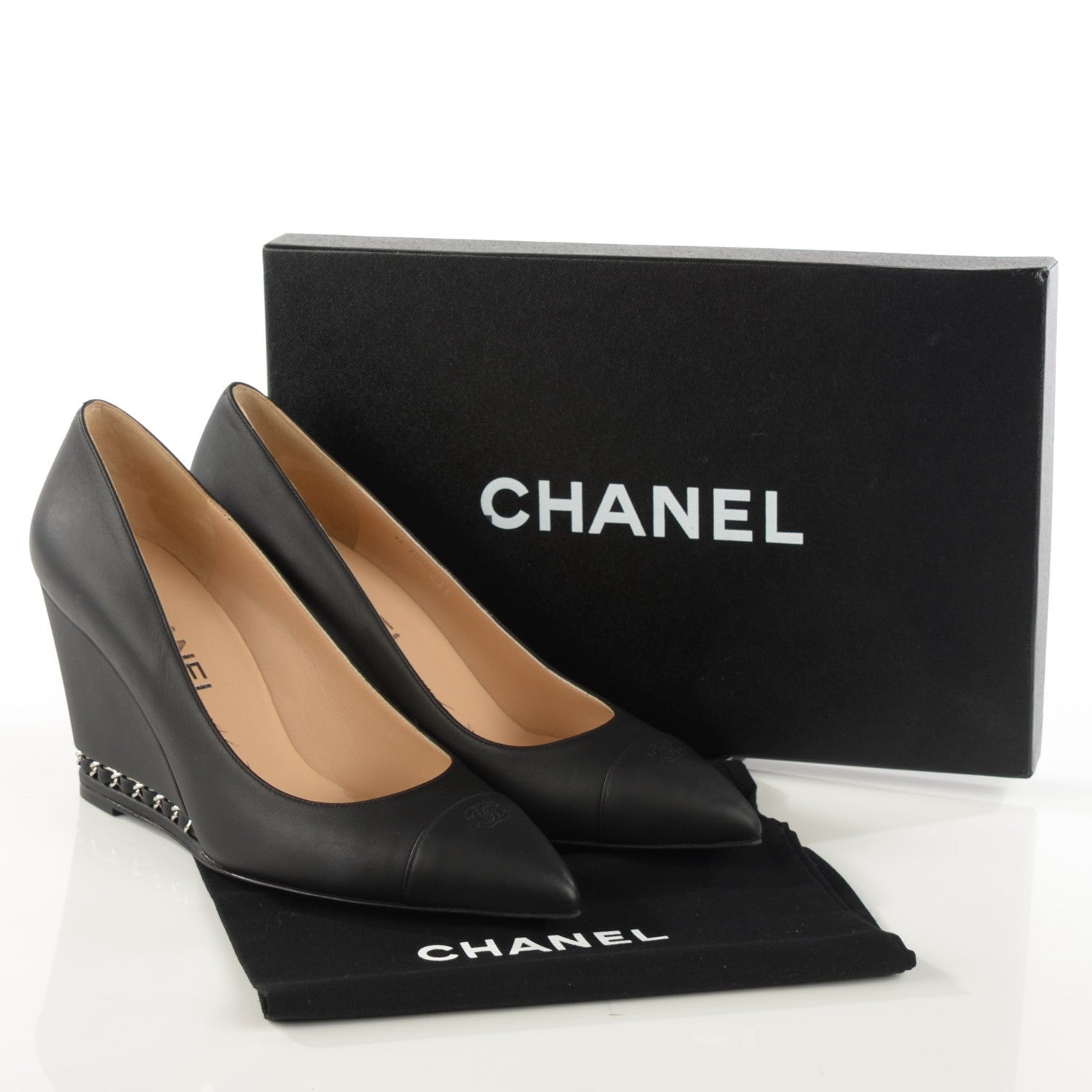 Chanel Calfskin Cap Toe Chain Wedge Pumps 37 Black 8 of 8