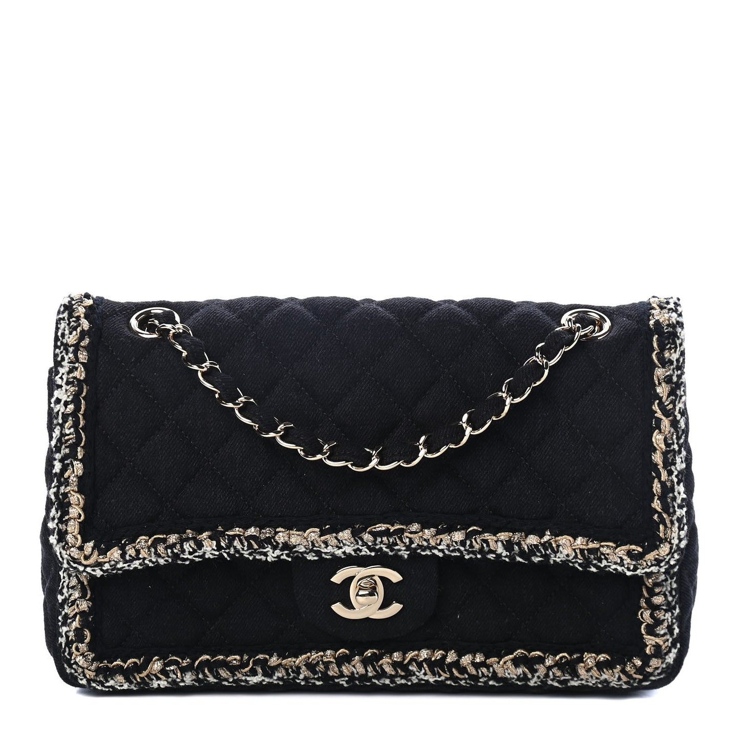 Denim Braided Medium Flap Bag Black