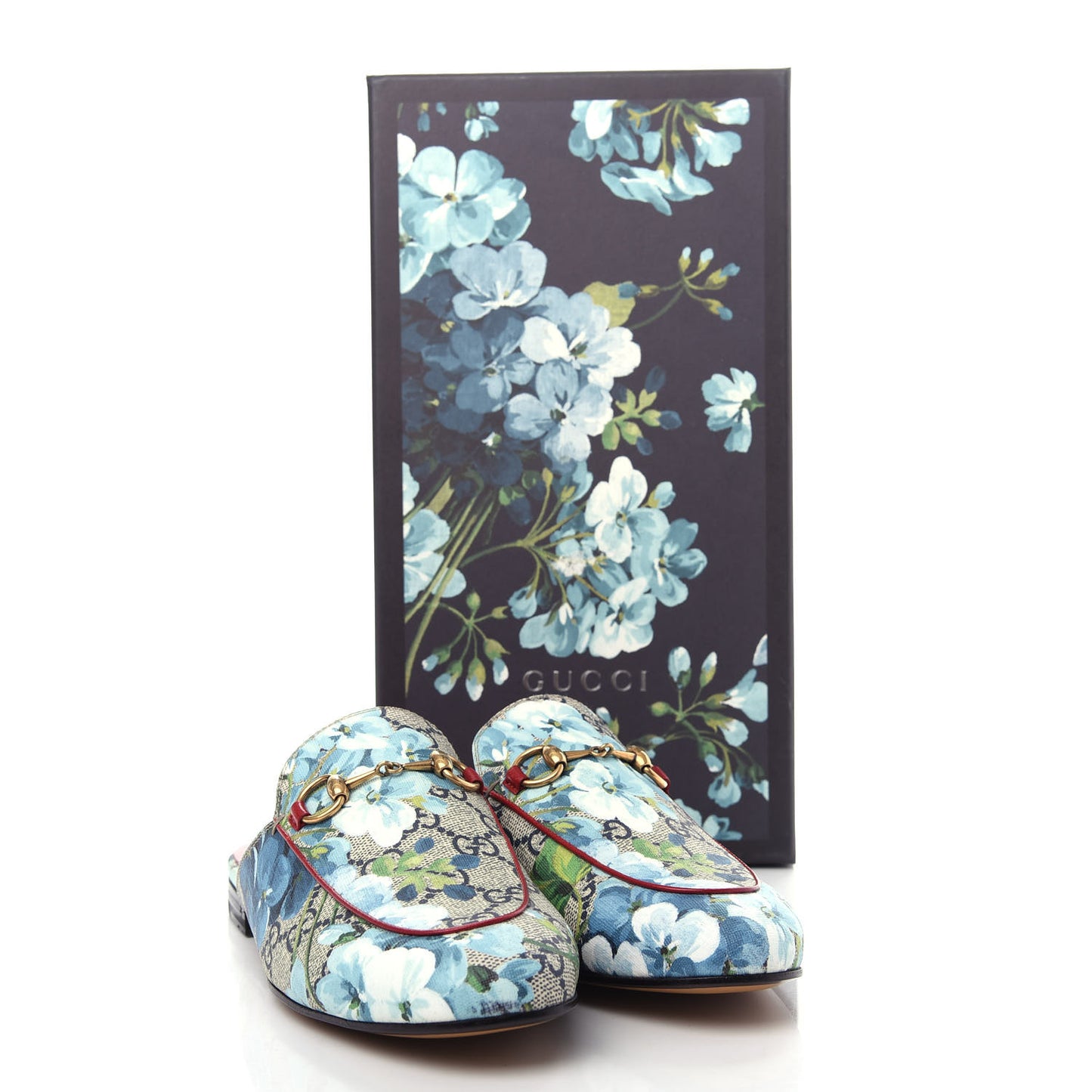GG Supreme Monogram Blooms Womens Princetown Slippers 36.5 Beige Blue Navy Hibiscus Red