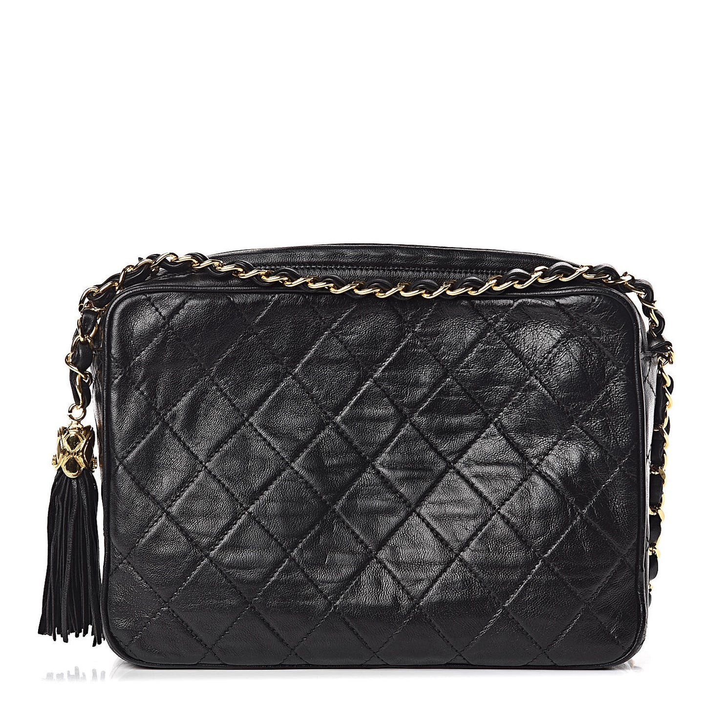 Lambskin Quilted Tassel Camera Case Pouch Black
