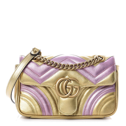 Gucci Metallic Calfskin Matelasse Mini GG Marmont Shoulder Bag Gold Pink 1 of 11